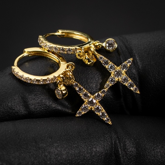 Iced 14K Gold Plated Mens Streetwear Dangle Hanging Cross Drop Hoop Earrings - Picture 5 of 5